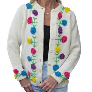 Vintage 80s Floral Knit Cardigan M Helen Sue Cream Embroidered Sweater